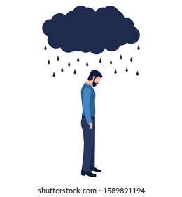 Isolated sad man under a cloud and rain on a white background. Concept of anxiety disorders, mental illness, stress and depression. Flat cartoon vector illustration of businessman standing, young man.