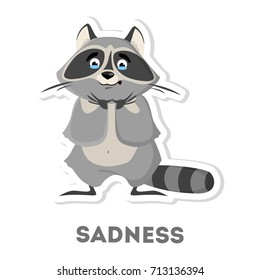 Isolated sad raccoon with tears on white background.