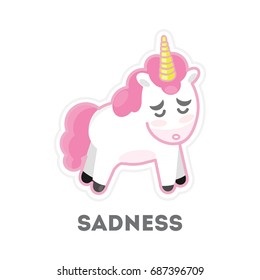 Isolated Sad Unicorn On White Background. Funny Cartoon Emoji.