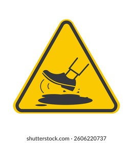 Isolated safety sign shoe-wearing foot slipping due to spilled water on the floor, warning slippery floor, cleaning in progress