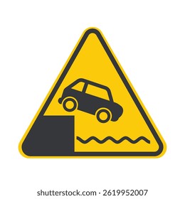 Isolated safety sign water road edge , warning vehicles of the risk of falling into docks, rivers, or seas