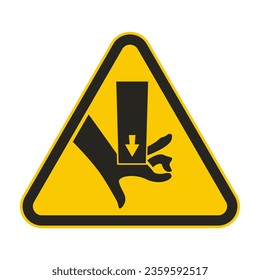 Isolated safety triangle sign black pictogram injury risk finger crush accident with picture of hand, press machine, warning danger pinched point hazard information label