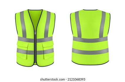 Isolated safety vest jacket, security and worker uniform wear. Realistic vector mockup of high visibility clothing, 3d fluorescent green safety waistcoat with reflective stripes, workwear