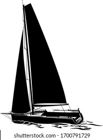 Isolated of sailboats silhouette illustration. Sailing yacht sails on waves.