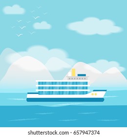 Isolated sailing boat, ship, vessel  in the sea or ocean. Vehicle for traveling. Beautiful sea landscape with clouds and mountains.