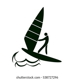 Isolated sailing icon. Black figure of an athlet on white background. Person with a boat.
