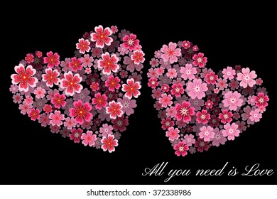 Isolated Sakura flowers hearts floral collage concept with 3d effect