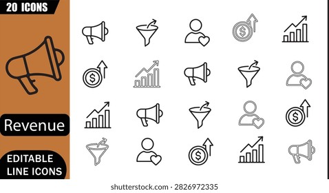 Isolated sales performance icons set, 20 editable line art icons set, marketing, conversion, customer, business, profit, metrics, dashboard, sales analytics theme style, clean outline vector