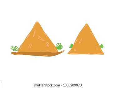 Isolated Samosa with green coriander leaves, Eastern cuisine. Hand drawn illustration, Indian food, Asian street food. Samosa on white background- Vector
