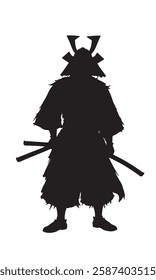 Isolated samurai silhouette in action, showcasing kicks and swordplay for vintage and modern designs.