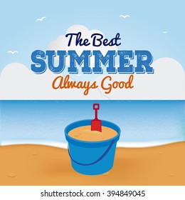 Isolated sand bucket on a beach landscape with text