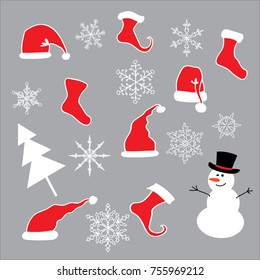 Isolated Santa cap and stocking for gifts. White snowflakes and a snowman with a Christmas tree on a gray background. Elements for Christmas illustrations. Vector