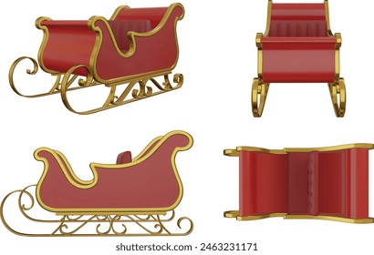 isolated santa claus sleigh 3d illustration. christmas sleigh front, side and top view vector