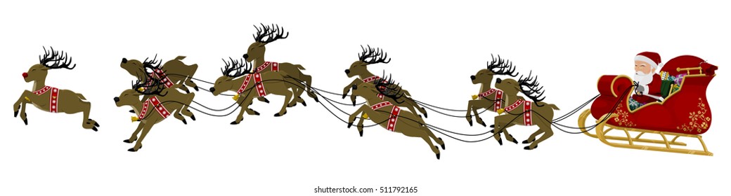 isolated santa on his sleigh with his nine reindeer on transparent background
