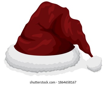 Isolated Santa's hat with red velvet and fluffy design and pompom over white background.