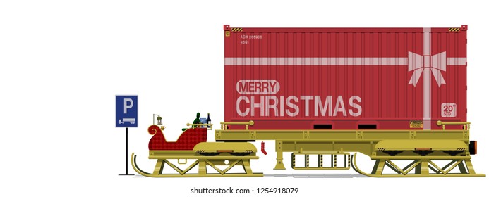 Isolated Santa's sleigh with trailer at the parking area