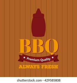 Isolated sauce bottle icon on a wooden background with text and a ribbon
