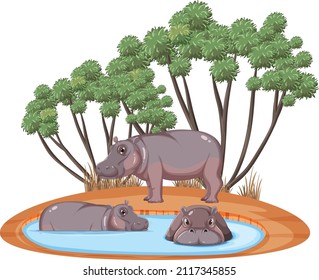Isolated savanna forest with hippopotamus illustration