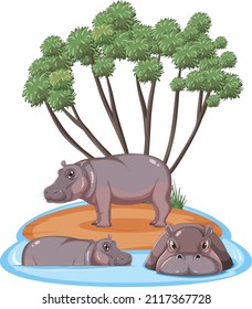 Isolated savanna forest with hippopotamus illustration