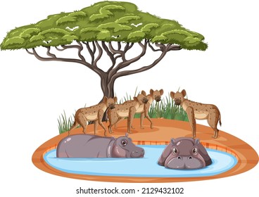 Isolated savanna forest with hyena and hippopotamus illustration