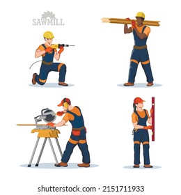 Isolated sawmill workers. Construction industrial scene. Builder use a hand tool. Contractor ocupation. Carpenters in orange uniform at workshop. Vector illustration