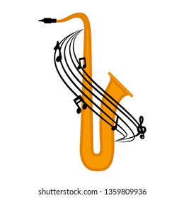 Isolated saxophone with a musical pentagram around. Vector illustration design
