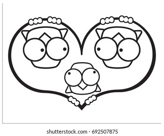 Isolated scalable vector illustration depicting two loving birds hanging upside down on the heart, look at each other, and the third small cross-eyed bird witness looks at both of them simultaneously