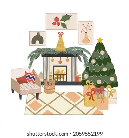 Isolated Scandinavian Christmas interior with fireplace, Christmas tree.Cozy armchair with cushions and woodpile for winter evenings. Carpet, paintings and gifts under the tree. Vector illustration