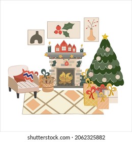 Isolated Scandinavian Christmas interior with fireplace, Christmas tree.Cozy armchair with cushions and woodpile for winter evenings. Carpet, paintings and gifts under the tree. Vector illustration
