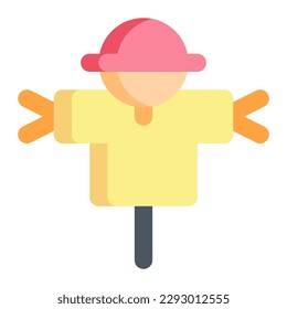 Isolated scarecrow in flat icon on white background. Farming, hay, straw, spring