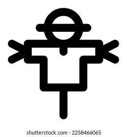 Isolated scarecrow in outline icon on white background. Farming, hay, straw, spring