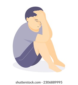 Isolated of a scared boy sitting on the floor with hands over head. Flat vector illustration.