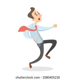 Isolated scared businessman running on white background.