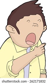 Isolated scared man with mouth open and pointing