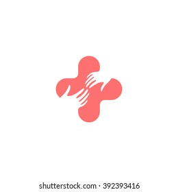 Isolated scarlet and white vector hands logo. Orphanage emblem. Family sign. Children care image. Adoption illustration. Child raising sing. Kindergarden icon. Charity for orphans. Help kids campaign