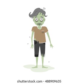 Isolated scary zombie. Green zombie with bone. Scary reanimated monster for halloween decoration.