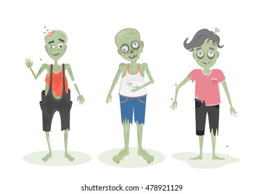 Isolated scary zombie set. Green zombies with brain, bone and spit. Scary reanimated monster for halloween decoration.
