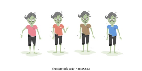 Isolated scary zombie set. Green zombie with bone. Scary reanimated monster for halloween decoration. Different t shirts.