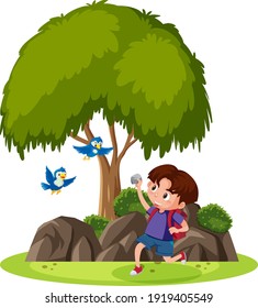 Isolated scene with a boy trying to throw stone to birds illustration