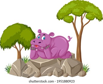 Isolated scene with cute hippopotamus laying on stone illustration
