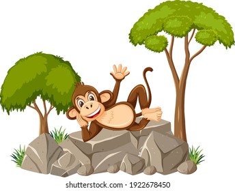 Isolated scene with cute monkey laying on stone illustration