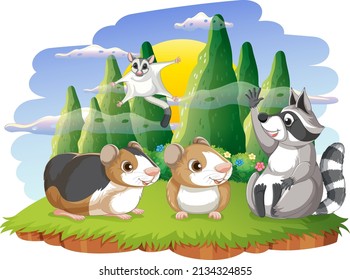 Isolated scene with different cute animals illustration