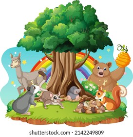 Isolated scene with different cute animals illustration