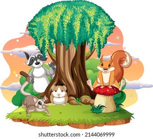 Isolated scene with different cute animals illustration