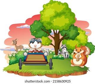 Isolated scene with different cute animals illustration