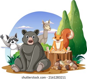 Isolated scene with different cute animals illustration