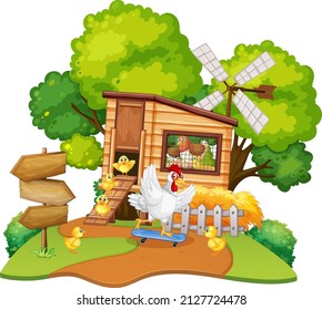 An isolated scene with a group of chickens in cartoon style illustration