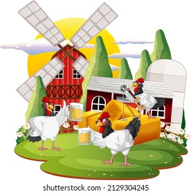 An isolated scene with a group of chickens in cartoon style illustration