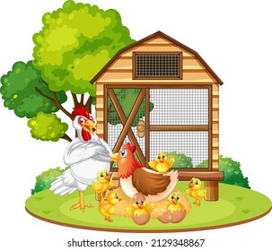 An isolated scene with a group of chickens in cartoon style illustration