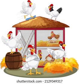 An isolated scene with a group of chickens in cartoon style illustration